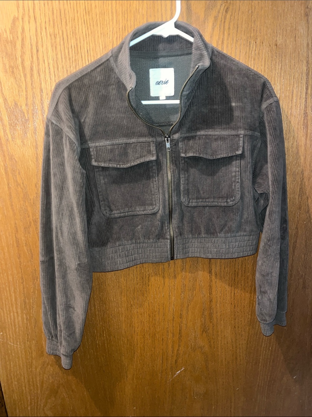 aerie Cropped Corduroy Bomber Jacket - Charcoal Gray